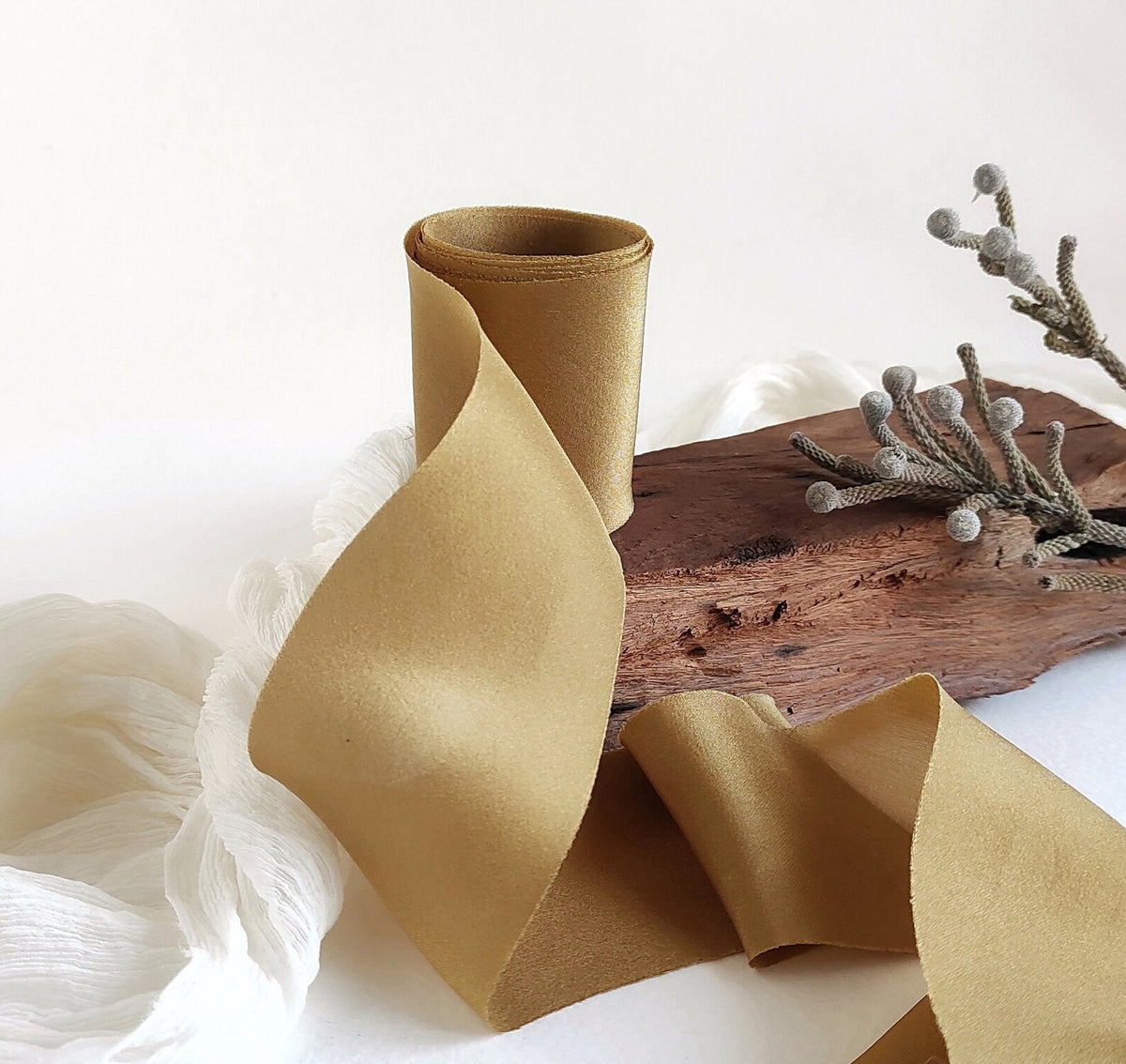 Hand dyed organic silk ribbon, Old Gold wide natural ribbon, Bohemian wedding sustainable ribbon