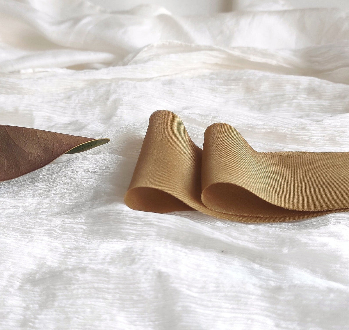Hand dyed organic silk ribbon, Old Gold wide natural ribbon, Bohemian wedding sustainable ribbon