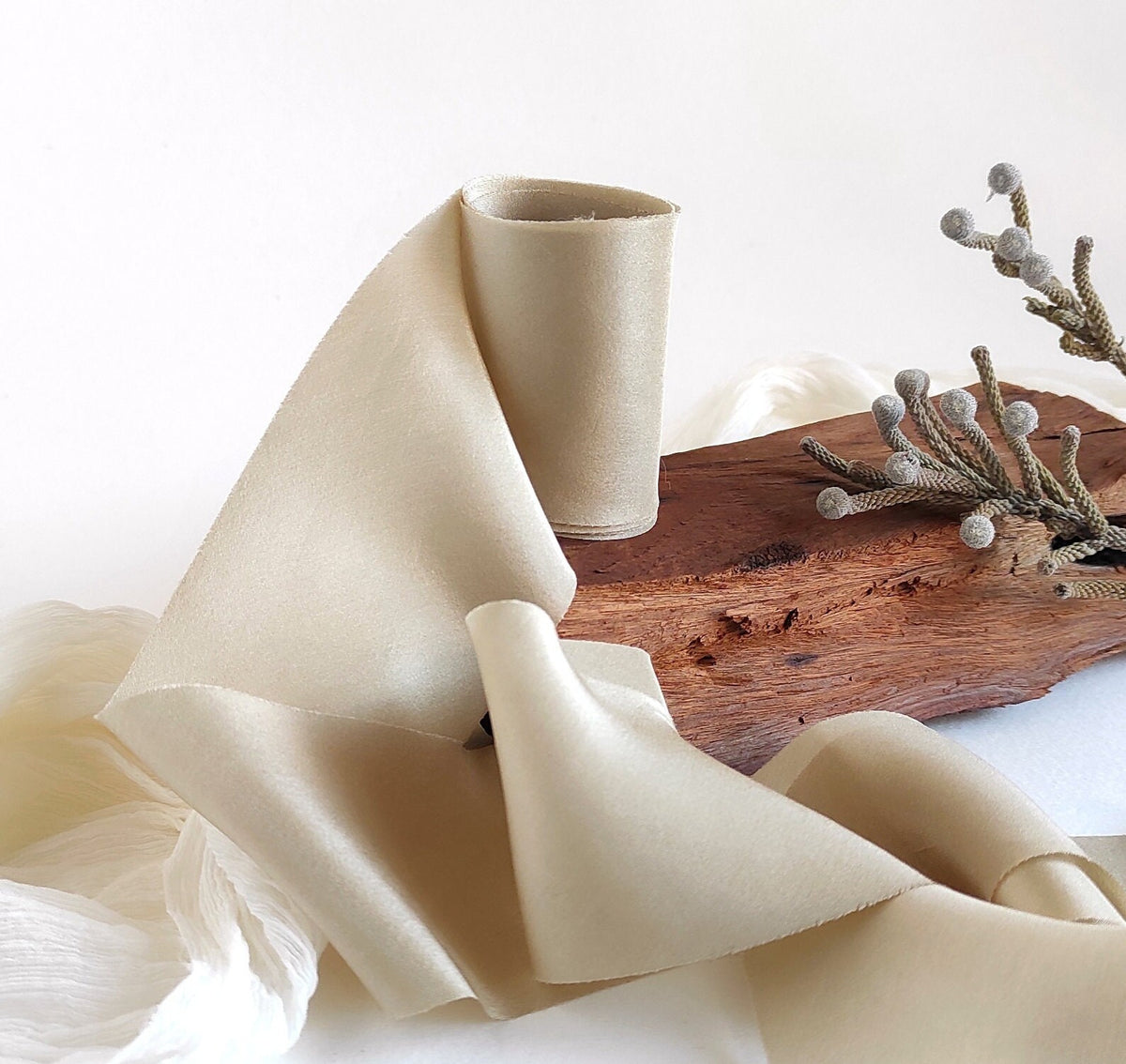Hand Dyed Taupe Silk Ribbon, Raw Edge Plant Dyed Bouquet Wrap ribbon, Organic ribbon for bouquet