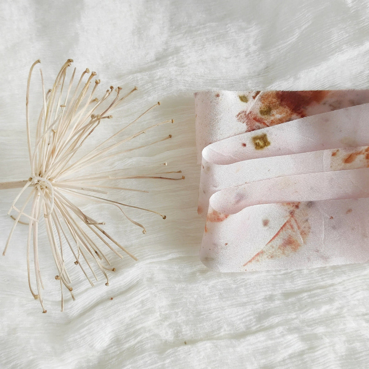 Botanical Printed Silk Ribbon, Light Pink, Organic Dyed, Boho Wedding