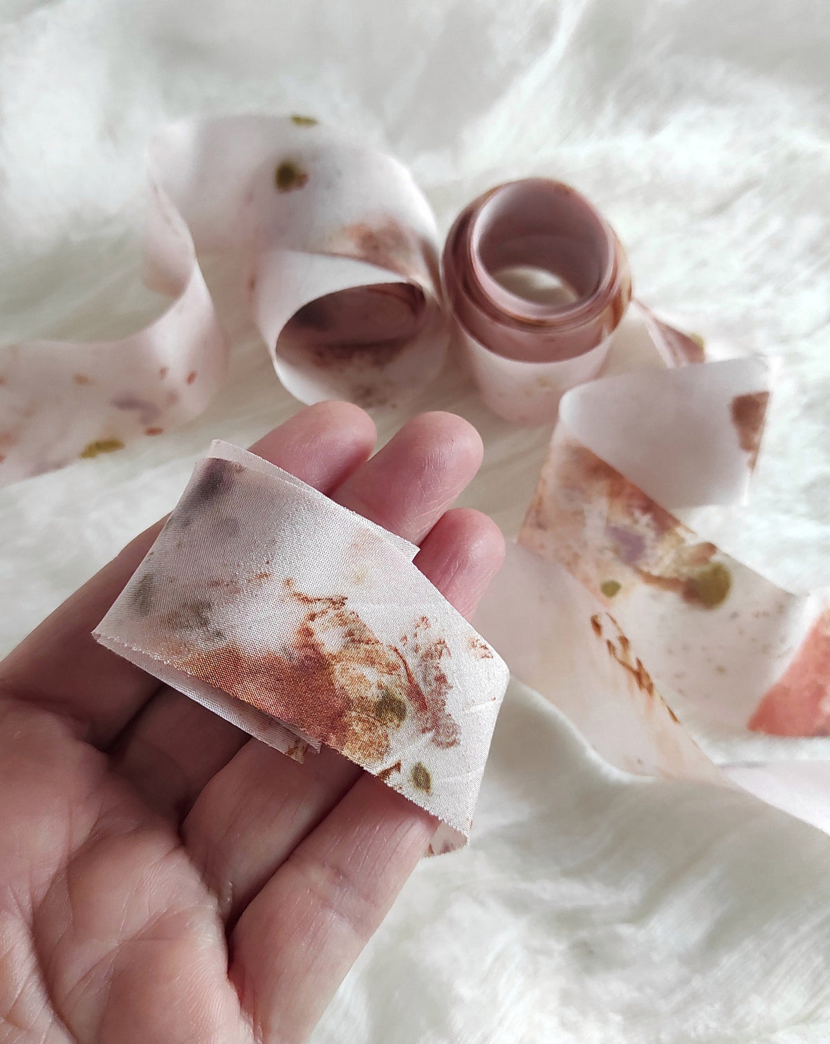 Botanical Printed Silk Ribbon, Light Pink, Organic Dyed, Boho Wedding