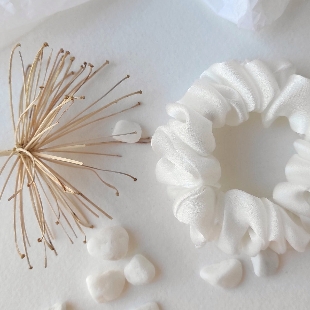 Organic white satin hair tie, Sustainable boho-style scrunchie, Natural hair elastic for mom