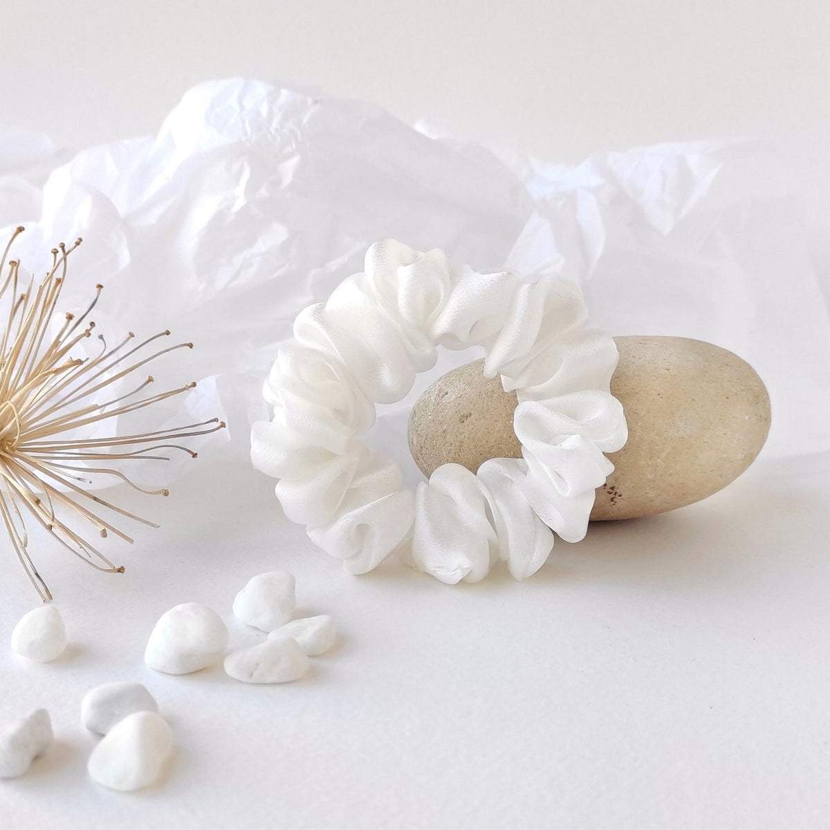 Organic white satin hair tie, Sustainable boho-style scrunchie, Natural hair elastic for mom