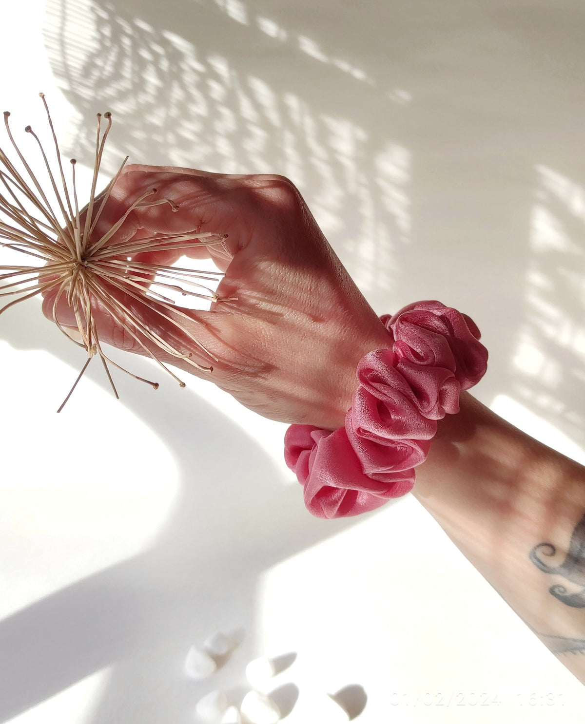 Botanically Dyed Silk Scrunchie, Medium Pink Organic Hair Tie, Eco-friendly Natural Elastic