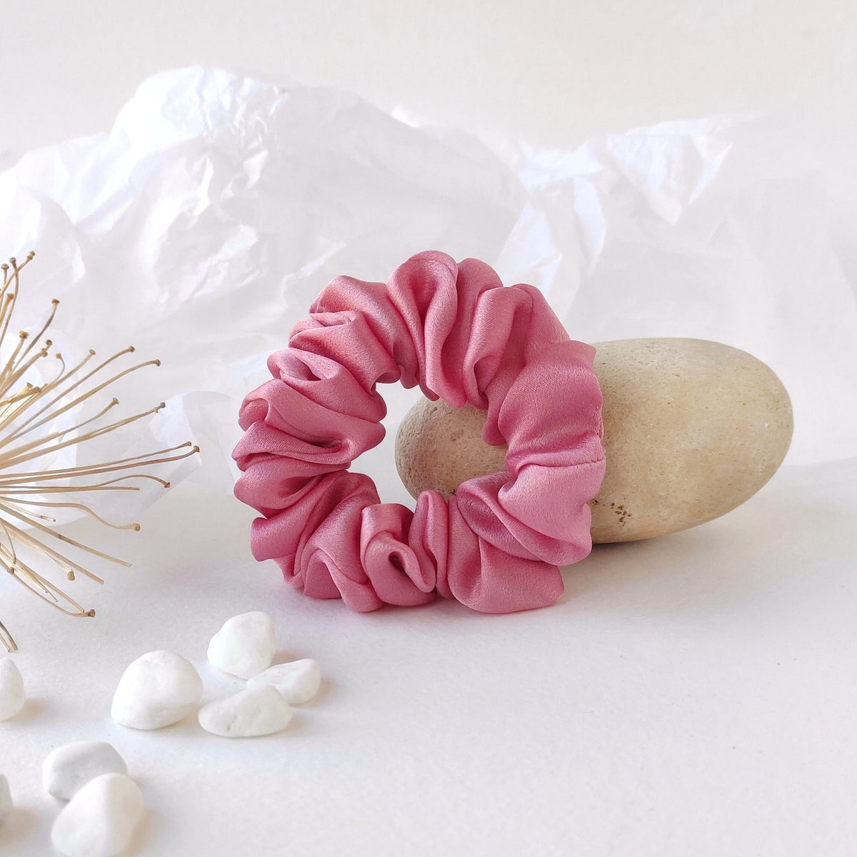 Botanically Dyed Silk Scrunchie, Medium Pink Organic Hair Tie, Eco-friendly Natural Elastic