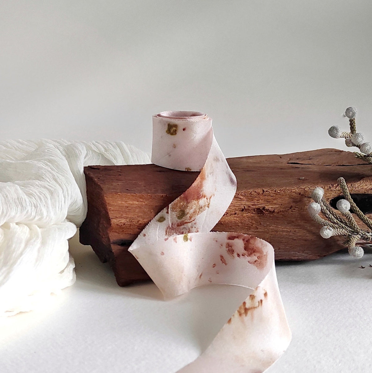 Botanical Printed Silk Ribbon, Light Pink, Organic Dyed, Boho Wedding