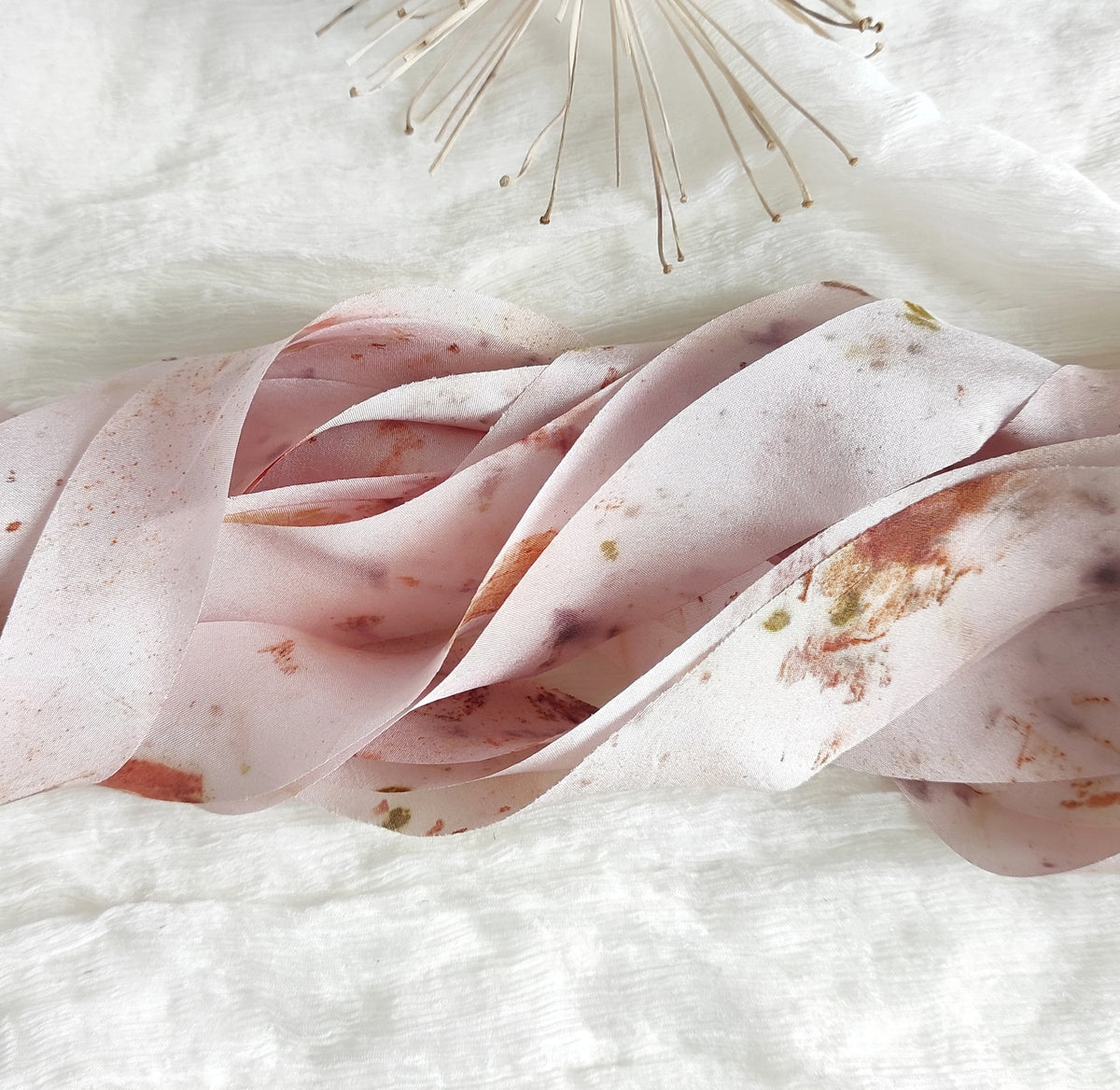 Botanical Printed Silk Ribbon, Light Pink, Organic Dyed, Boho Wedding