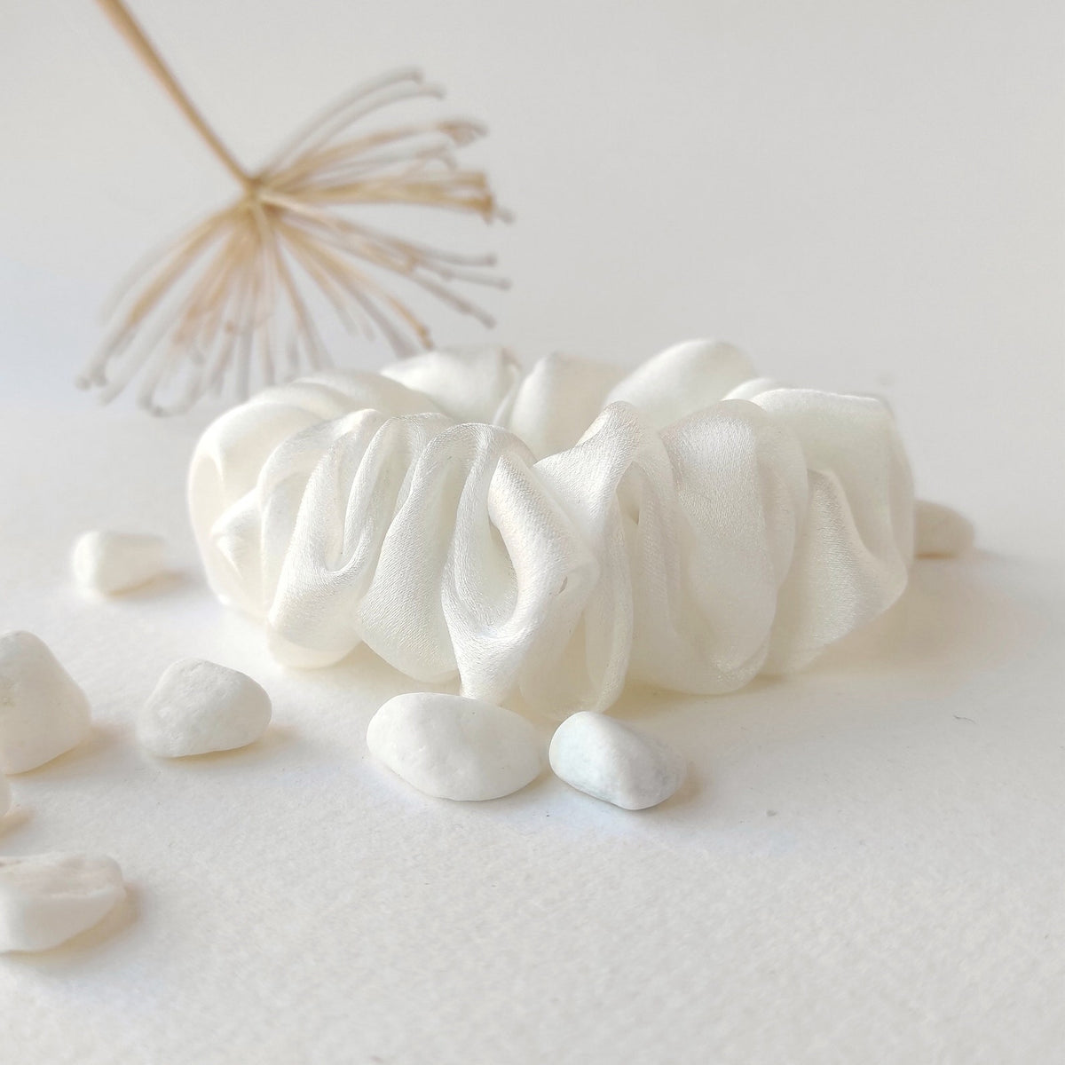 Organic white satin hair tie, Sustainable boho-style scrunchie, Natural hair elastic for mom