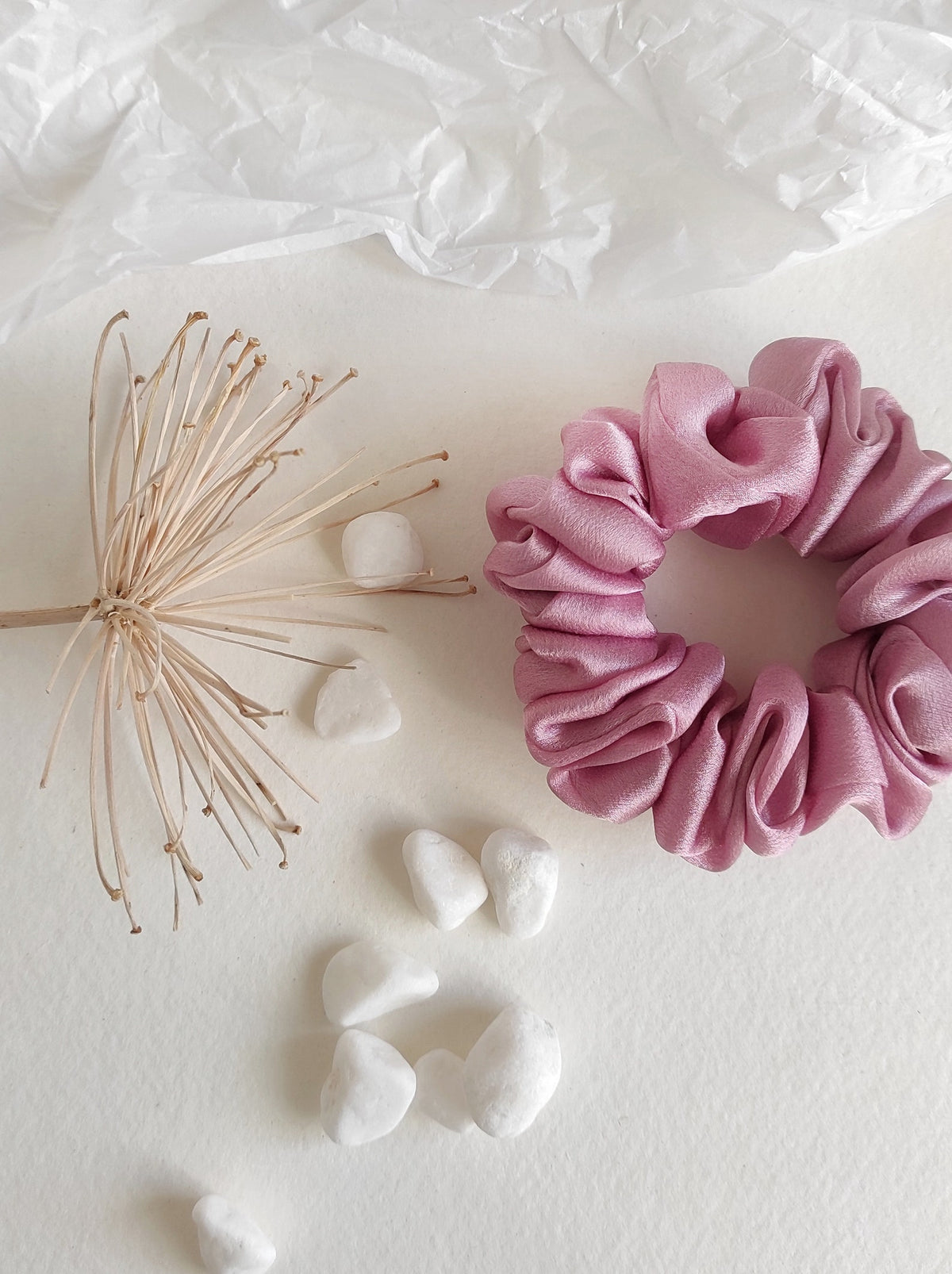 Hand-dyed mulberry silk scrunchie, Dusty pink organic hair tie, Organic elastic for mom