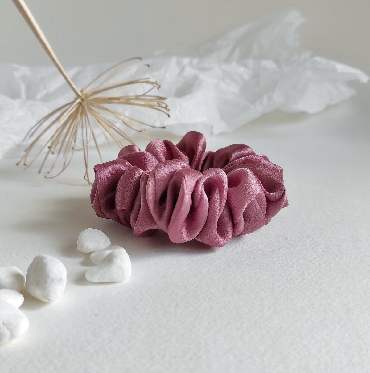 Hand Dyed Mulberry Silk Scrunchie, Medium Mauve Botanical Hair Tie, Gentle Elastic