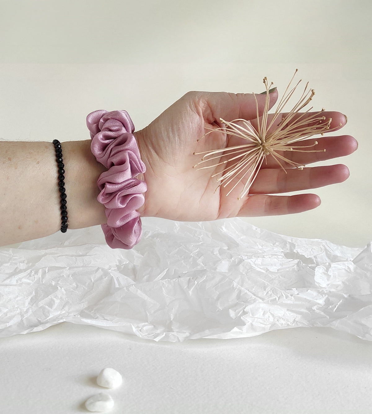 Hand-dyed mulberry silk scrunchie, Dusty pink organic hair tie, Organic elastic for mom