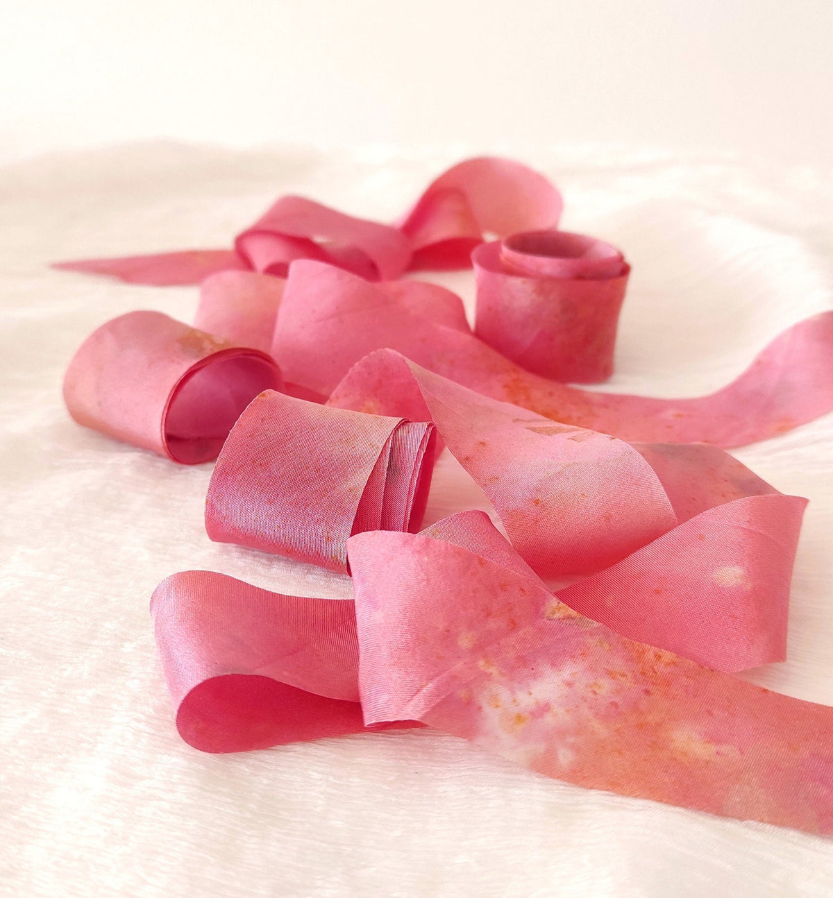 Pink Silk Ribbon Set, Botanical Dyed Natural Print, Mulberry Silk Gift Wrapping