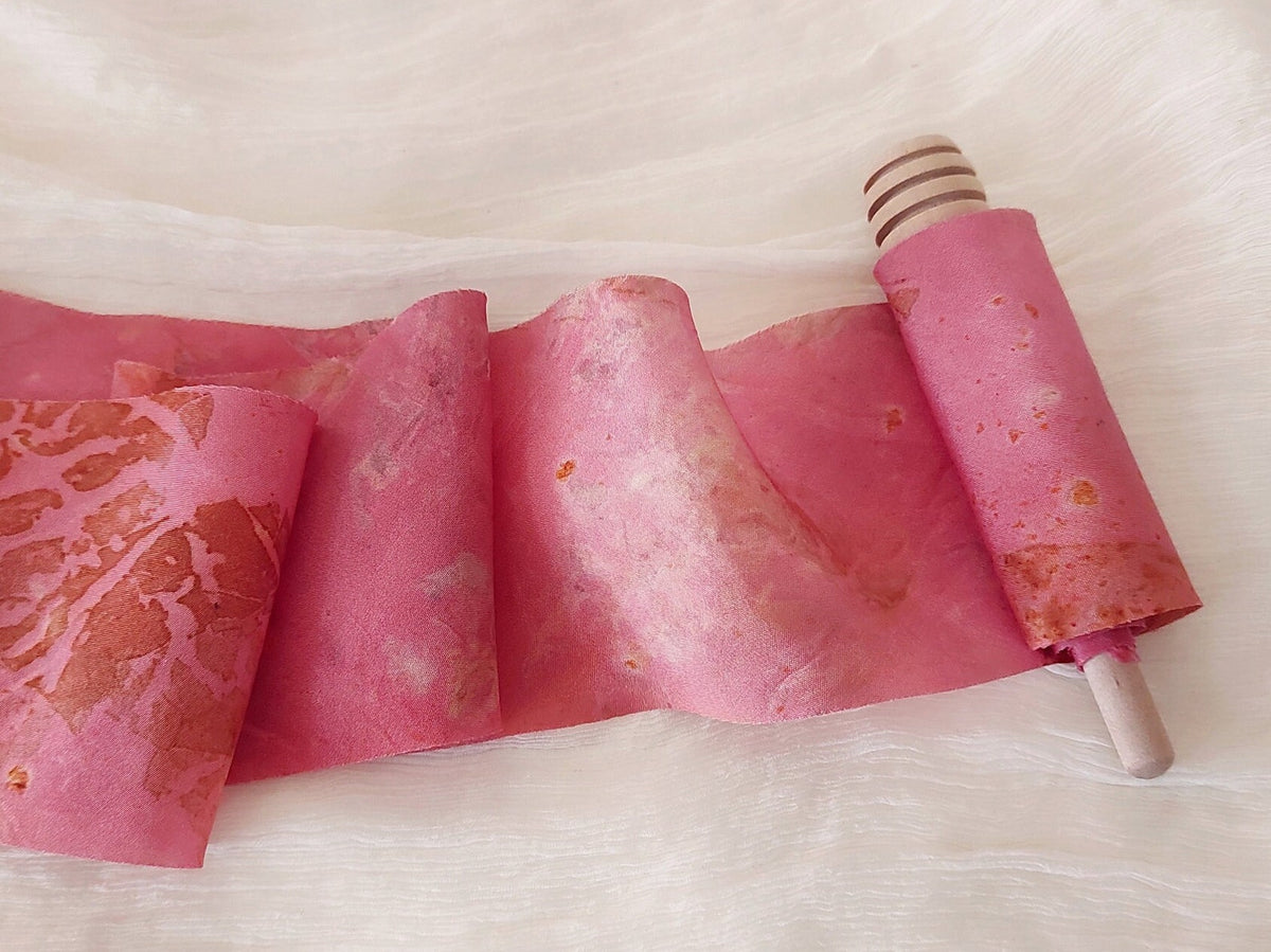 Botanical Print Silk Ribbon, Wide sustainable ribbon in pink, Plant dyed organic ribbon for gift