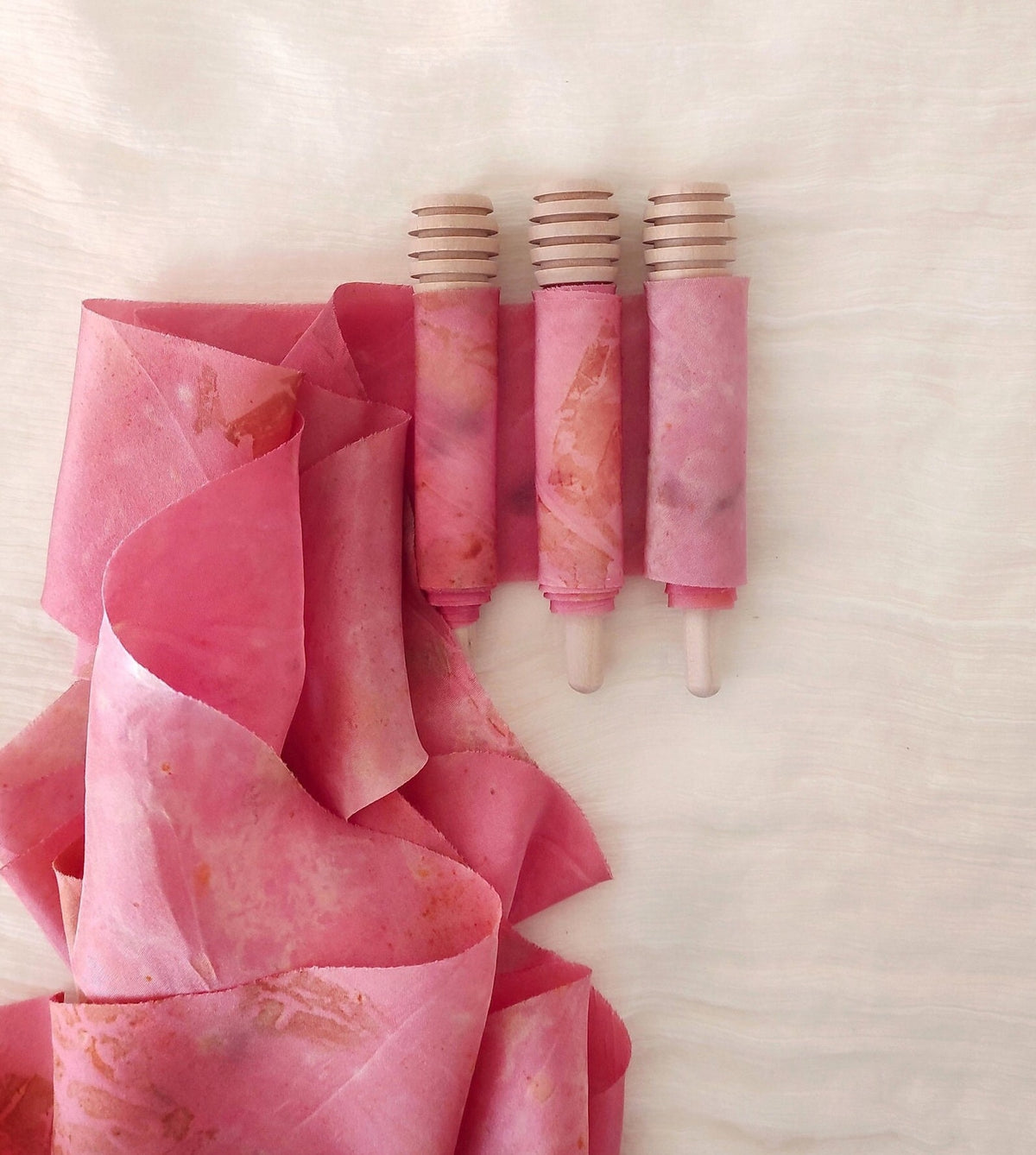 Botanical Print Silk Ribbon, Wide sustainable ribbon in pink, Plant dyed organic ribbon for gift