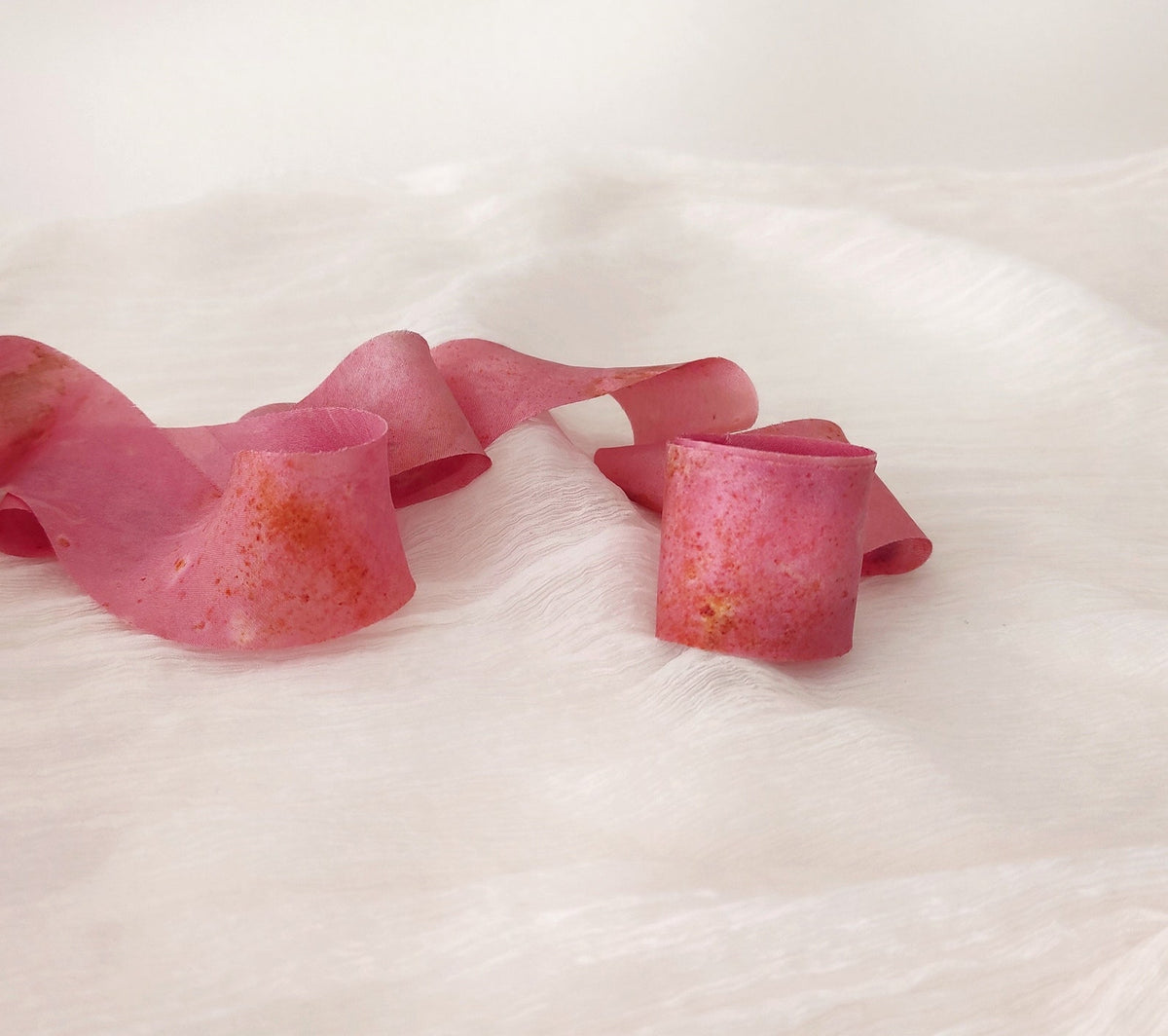 Pink Silk Ribbon Set, Botanical Dyed Natural Print, Mulberry Silk Gift Wrapping