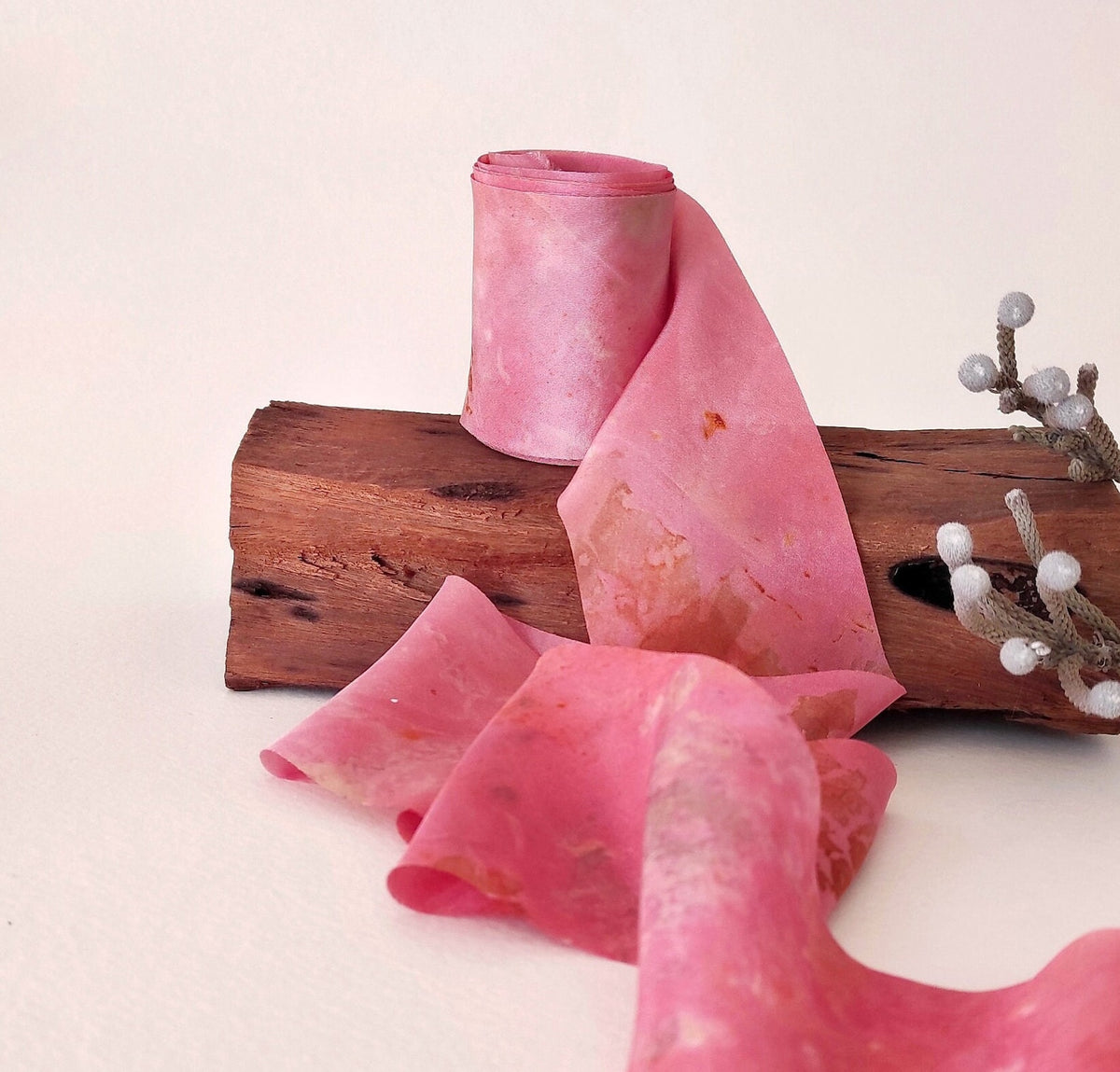 Hand dyed pink silk ribbon, Botanical print organic ribbon, Boho wedding decor ribbon