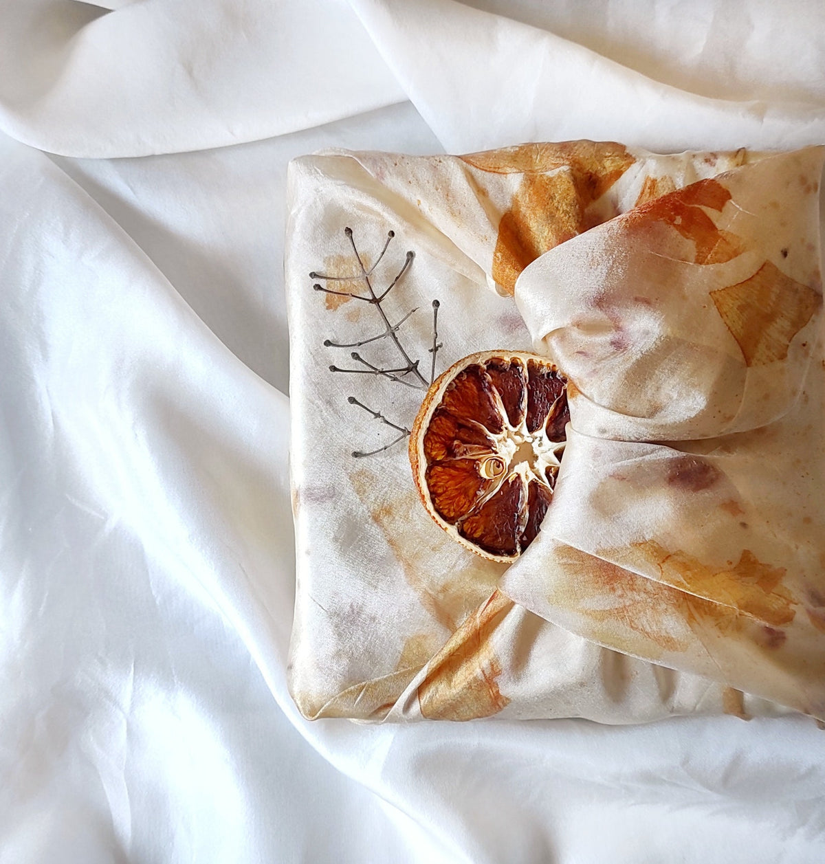 Ivory botanically dyed silk scarf, Boho organic scarf for woman, Plant print scarf handmade, Natural bandana for gift wrapping