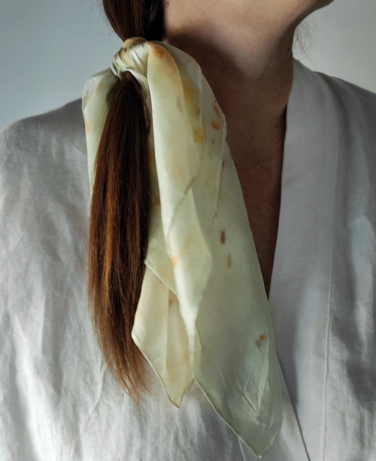 Handmade Botanical Dyed Silk Scarf, Leaf Print Light green Square Bandana
