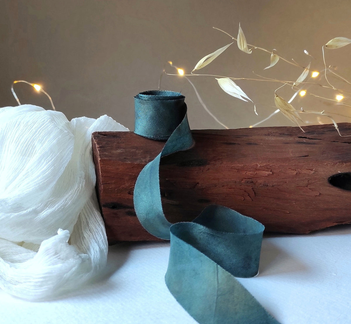 Botanical Print Silk Ribbon, Forest Green, Raw Edge Organic Ribbon