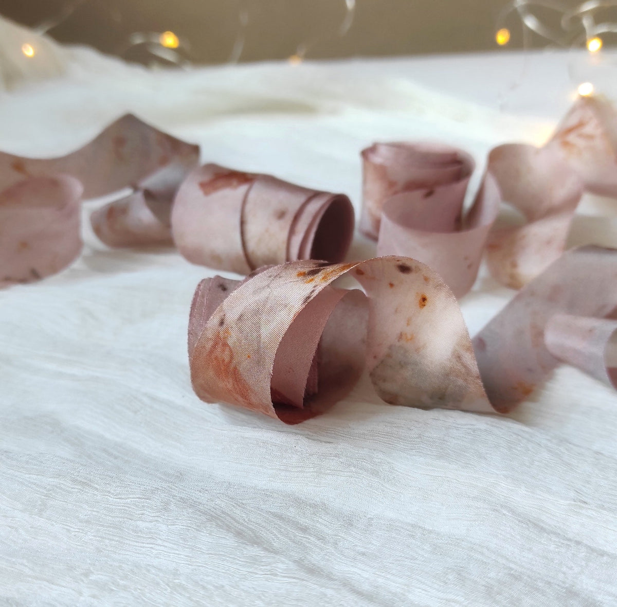 Hand Dyed Organic Silk Ribbon, Botanical Print Dusty Mauve, Thin Ribbon for gift
