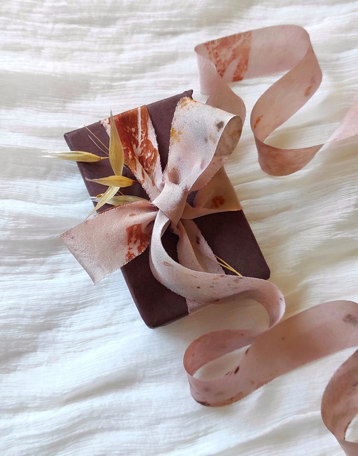 Hand Dyed Organic Silk Ribbon, Botanical Print Dusty Mauve, Thin Ribbon for gift