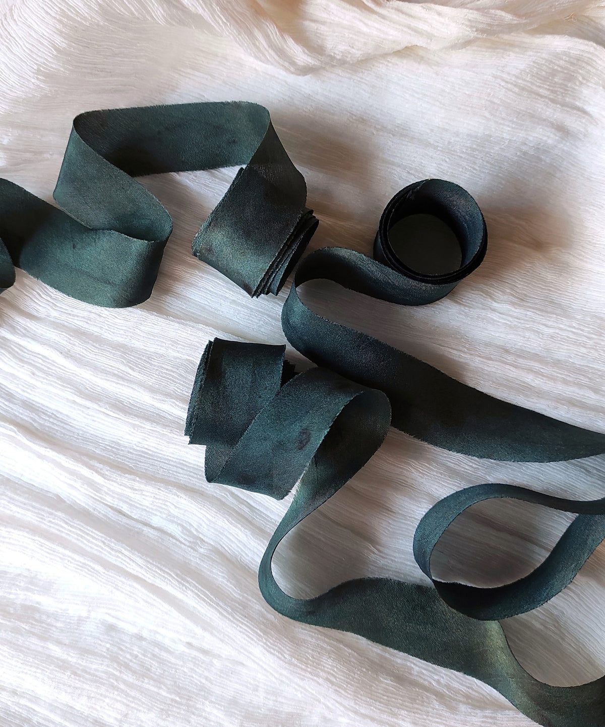 Botanical Print Silk Ribbon, Forest Green, Raw Edge Organic Ribbon