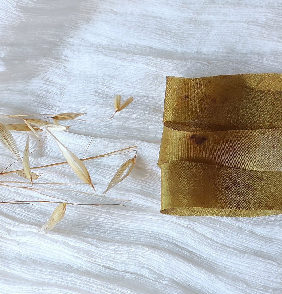 Ochre Mulberry Silk Ribbon Set, Plant Print, Hand Dyed ribbon