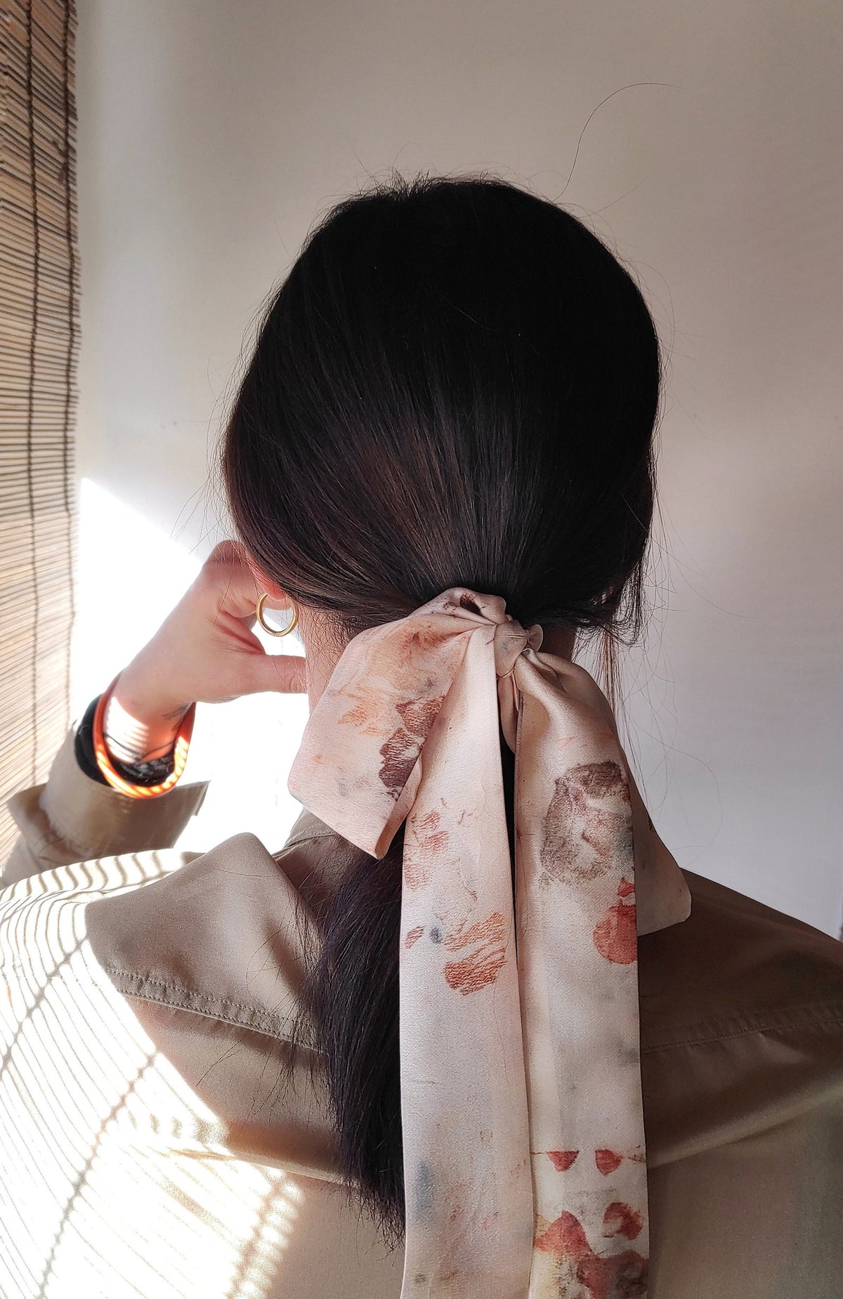 Botanical Print Mulberry Silk Ribbon, Plant-Dyed Wide Headband, Eco-Friendly Hair Accessory