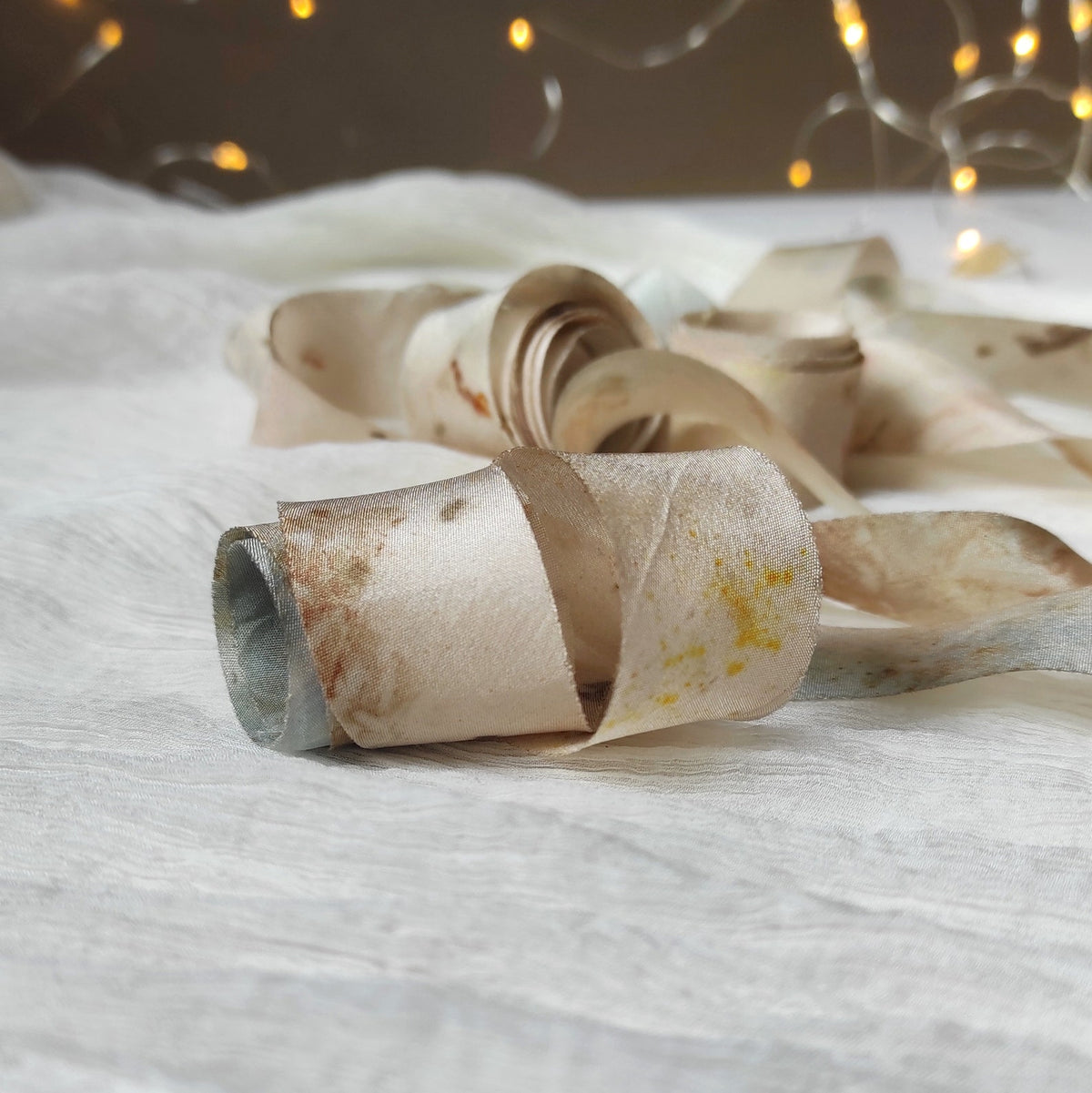 Botanical Print Habotai Silk Ribbon, Hand Dyed Earth Tones, Eco-Friendly Boho Wedding Decor Ribbon
