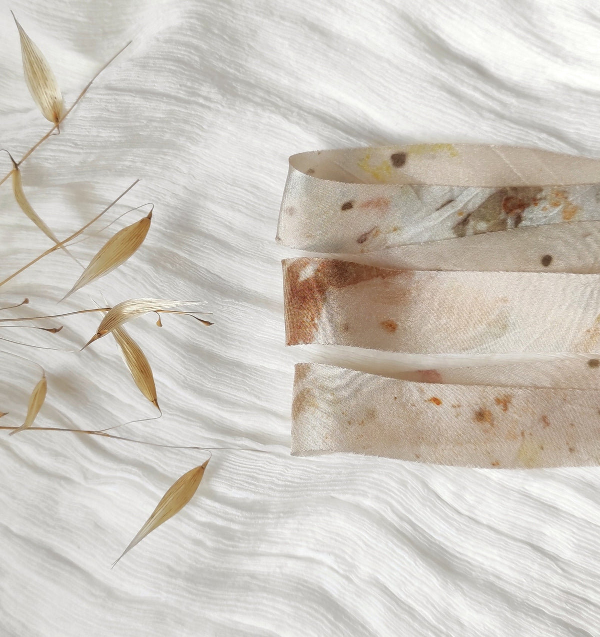 Botanical Print Habotai Silk Ribbon, Hand Dyed Earth Tones, Eco-Friendly Boho Wedding Decor Ribbon