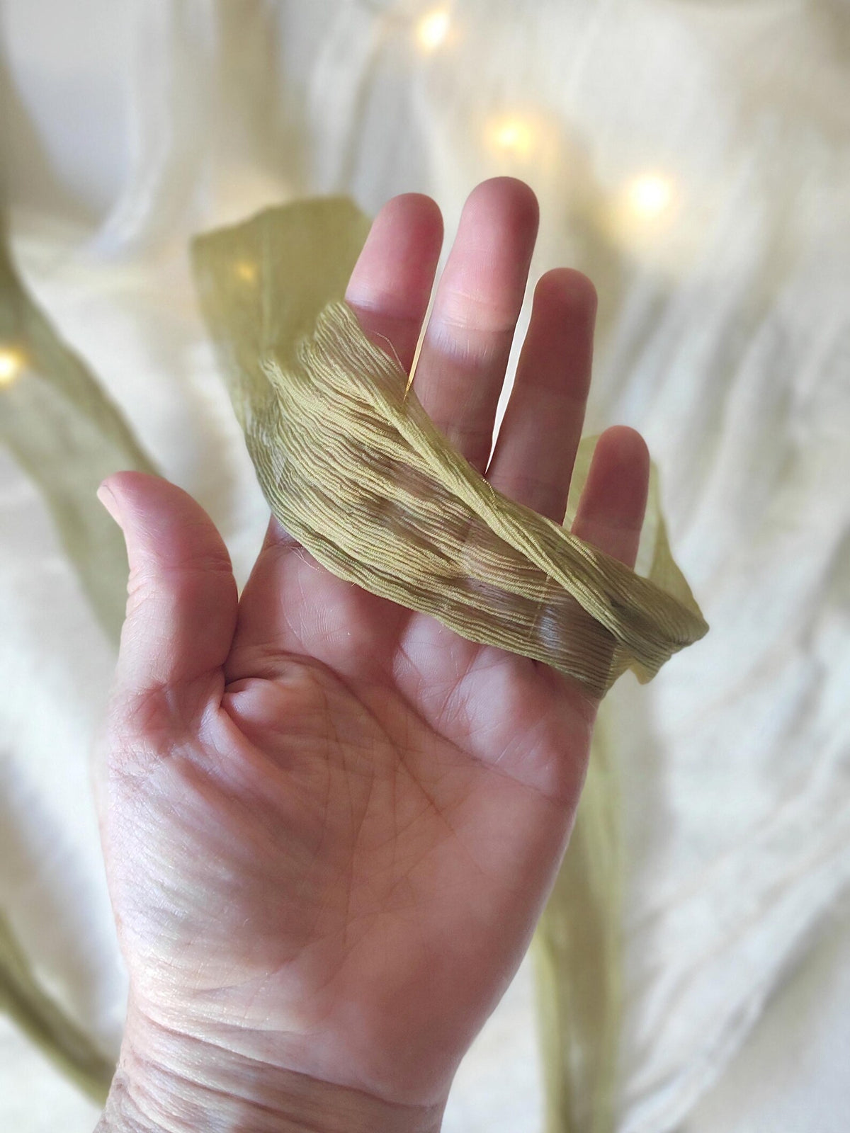 Hand Dyed Crinkled Silk Ribbon, Green Plant Dyed, Organic Wedding Decor