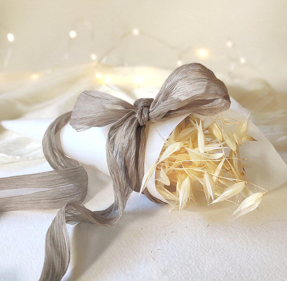 Hand dyed crinkle silk ribbon, Taupe brown plant based dye, Boho Wedding organic ribbon