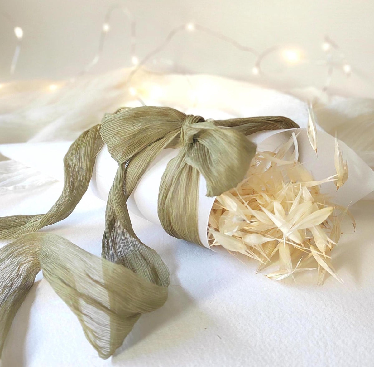 Hand Dyed Crinkled Silk Ribbon, Green Plant Dyed, Organic Wedding Decor