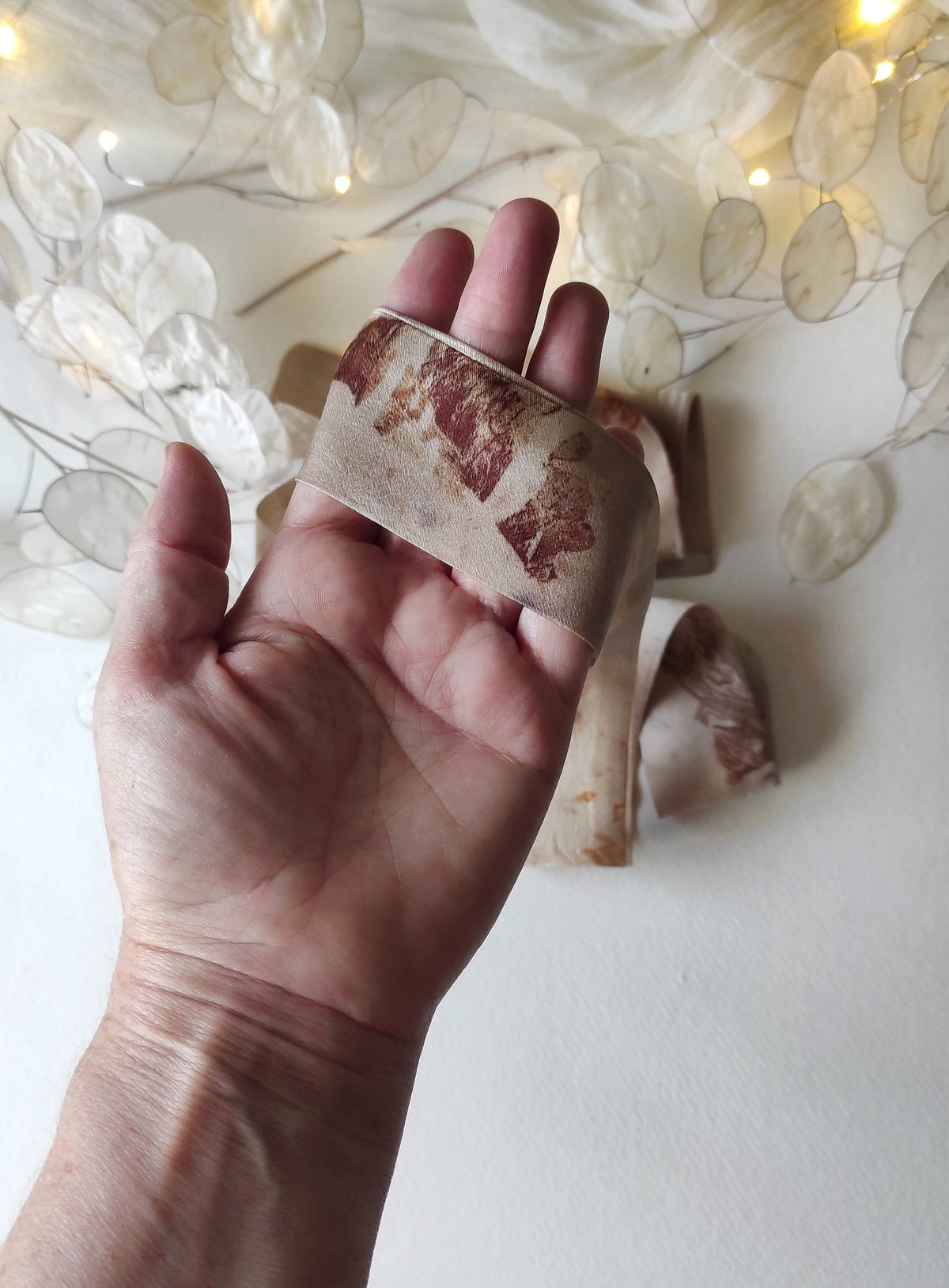 Botanical Print Mulberry Silk Ribbon, Plant-Dyed Wide Headband, Eco-Friendly Hair Accessory