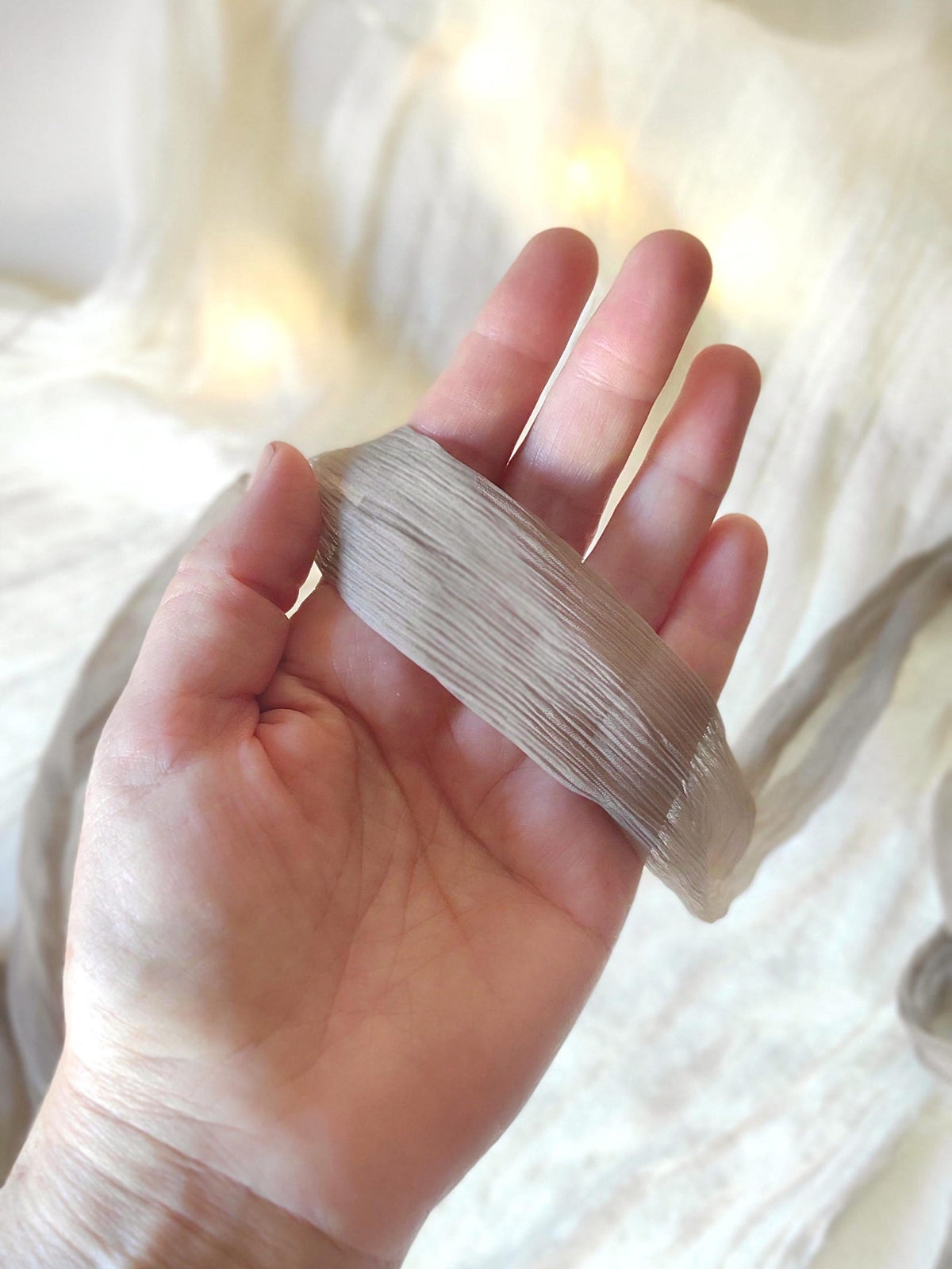 Hand dyed silk ribbon, Neutral Plant dyed crinkle organic ribbon, Sustainable ribbon for gift
