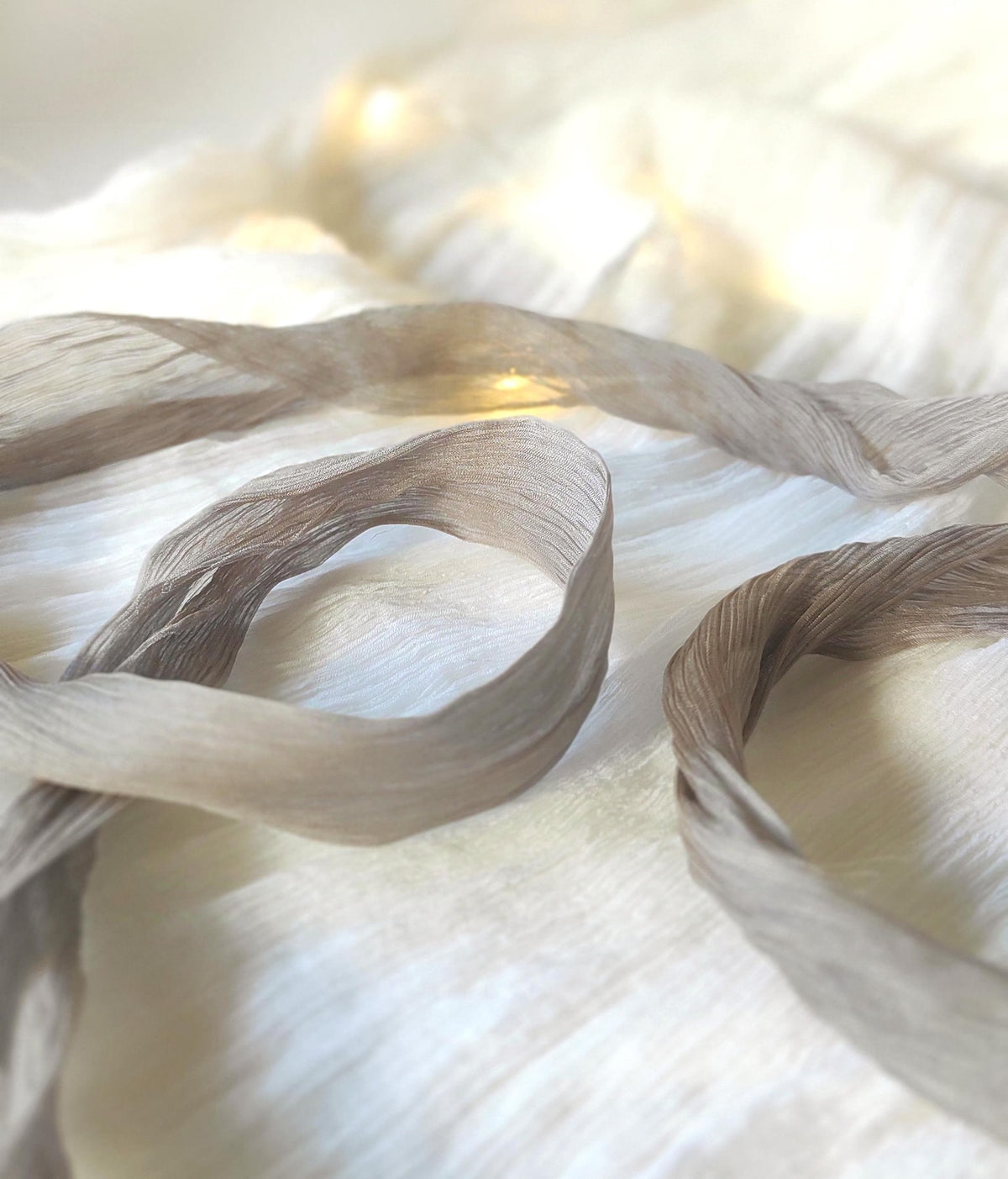 Hand dyed crinkle silk ribbon, Taupe brown plant based dye, Boho Wedding organic ribbon