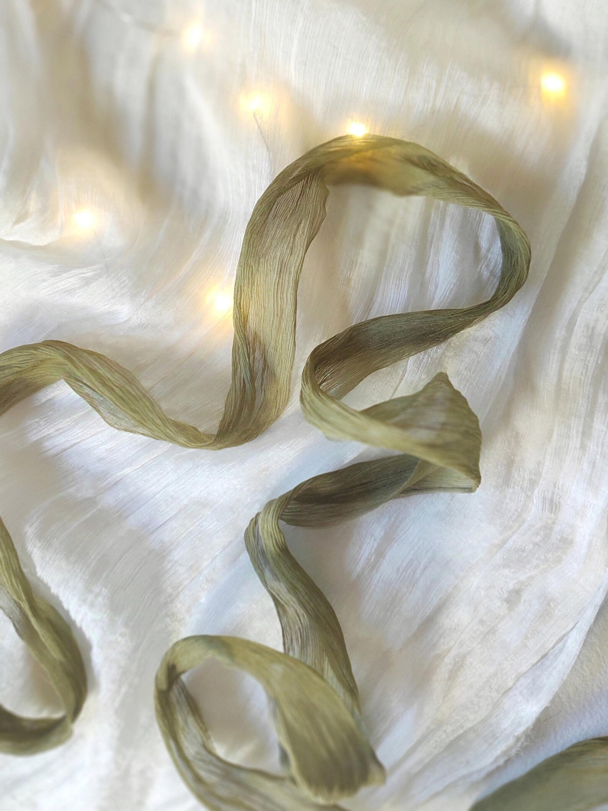 Hand Dyed Crinkled Silk Ribbon, Green Plant Dyed, Organic Wedding Decor