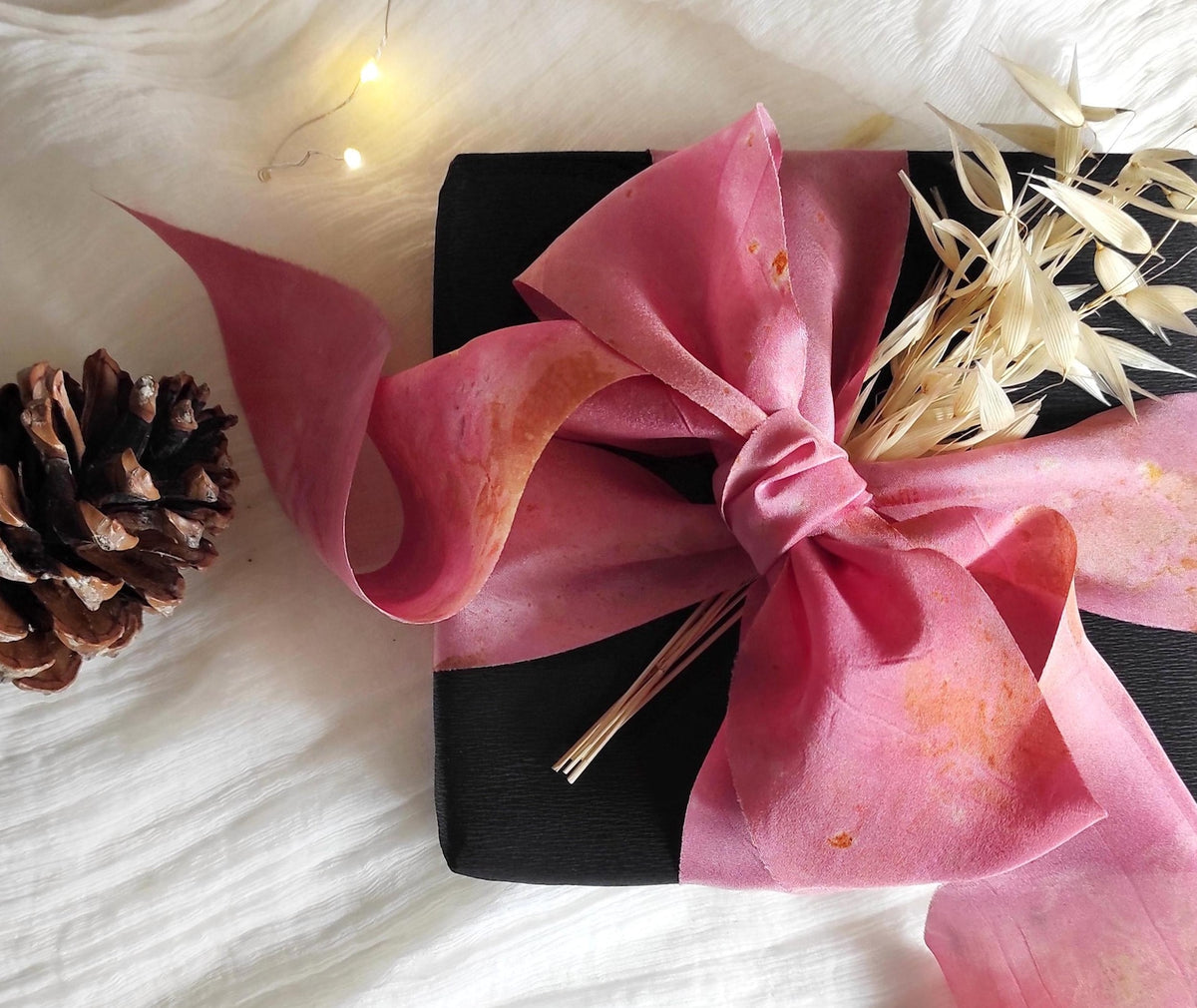 Botanical Print Silk Ribbon, Wide sustainable ribbon in pink, Plant dyed organic ribbon for gift
