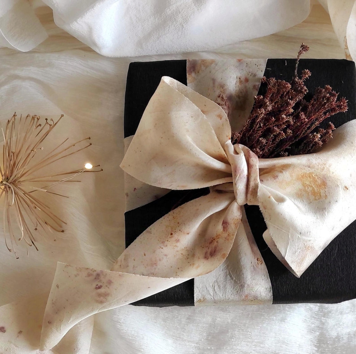 Botanical print silk ribbon, Neutral plant dyed habotai organic ribbon, Eco-friendly leaf print ribbon for gift