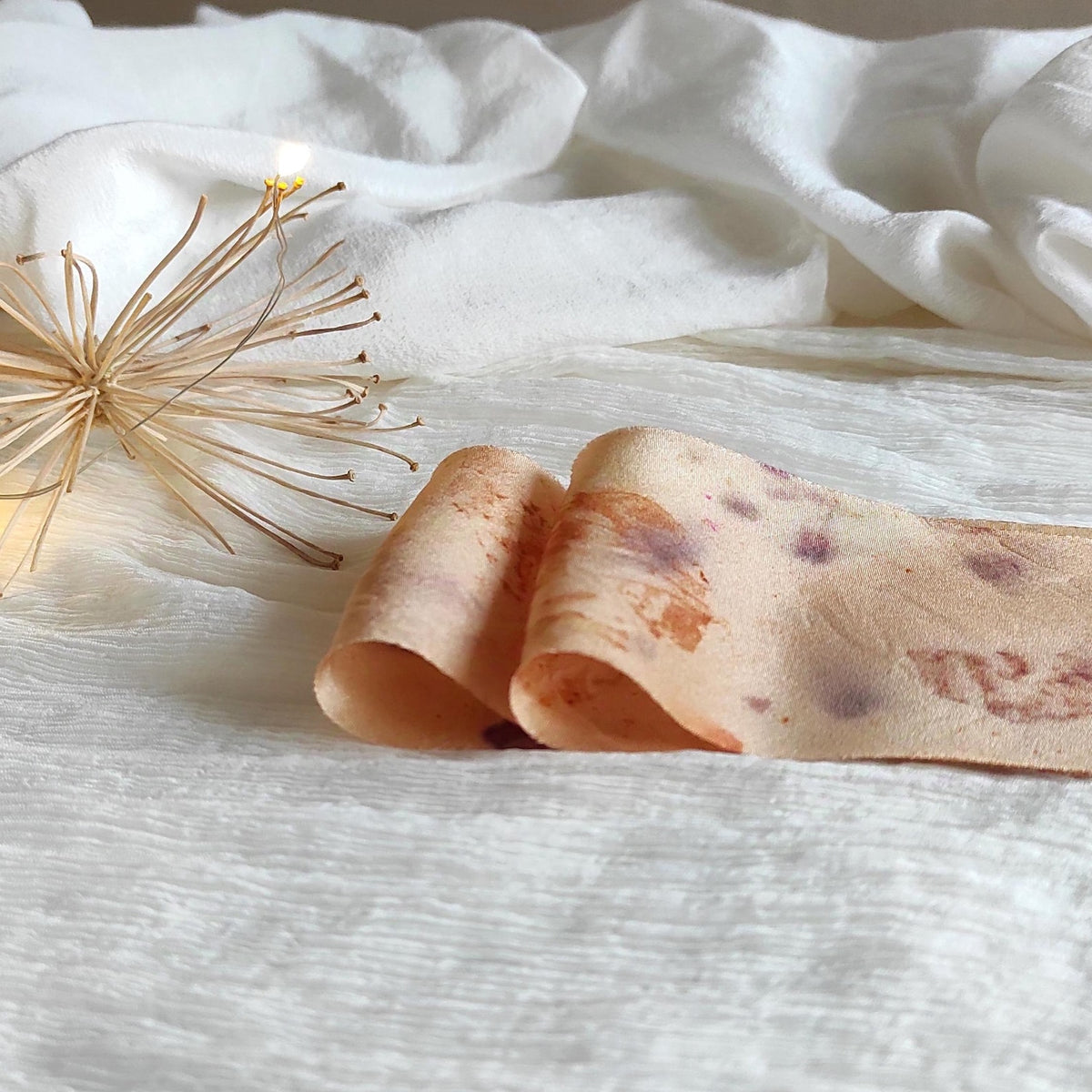 Hand Dyed Silk Ribbon, Natural Floral Print, Orange Habotai Silk ribbon