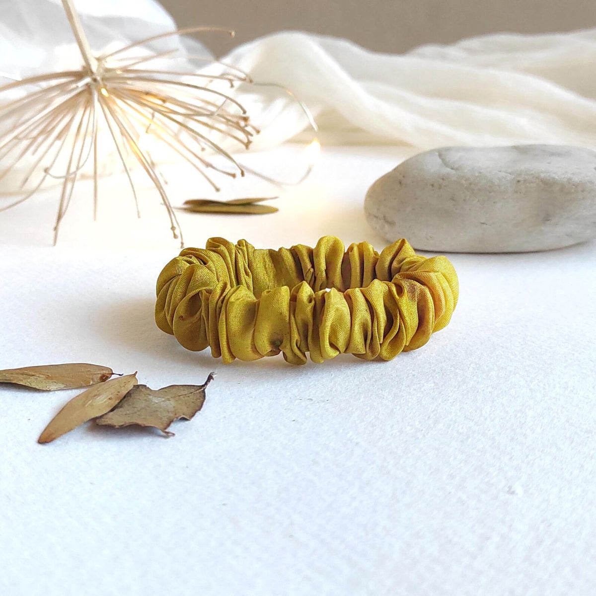 Ochre Scrunchie, Hand-Dyed Leaf Print Hair Tie, Organic Silk Elastic