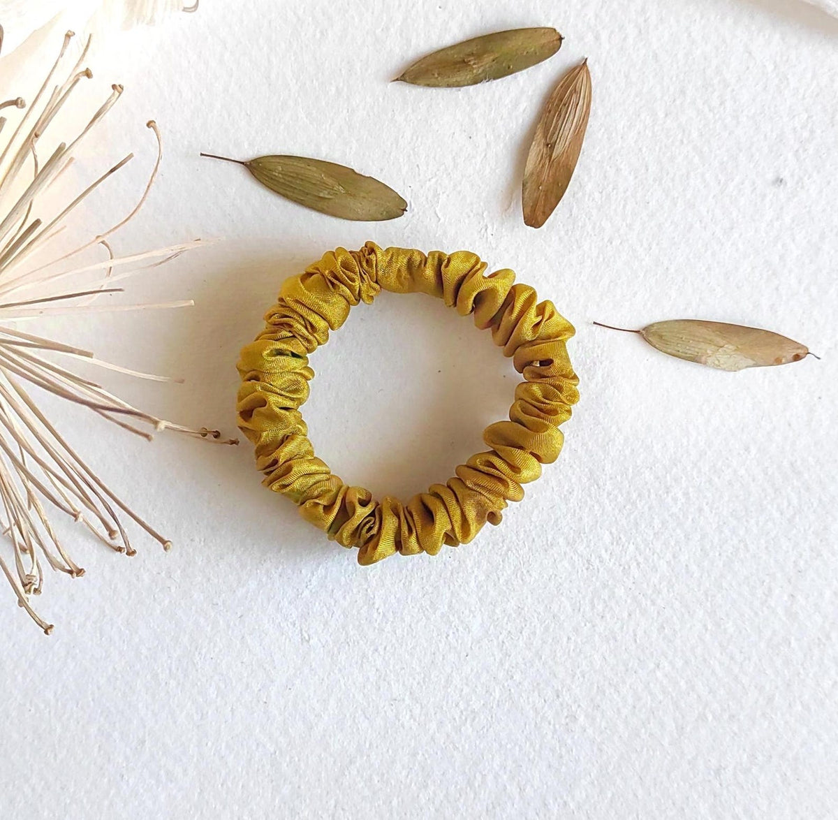 Ochre Scrunchie, Hand-Dyed Leaf Print Hair Tie, Organic Silk Elastic