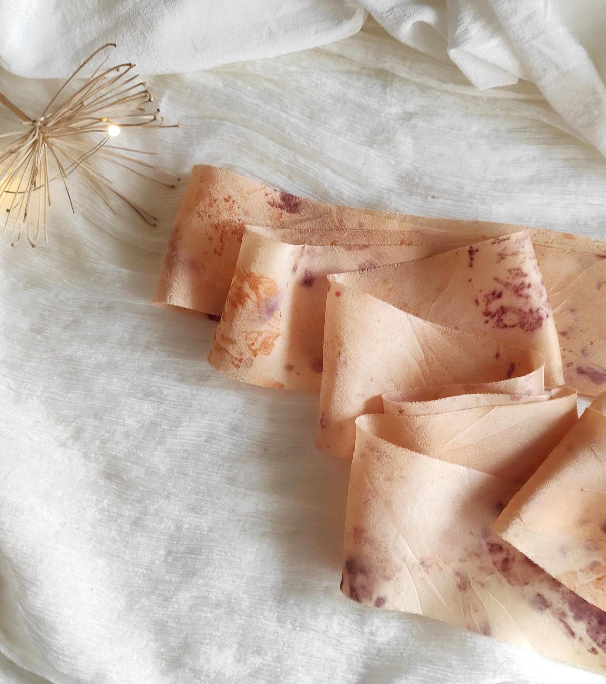 Botanical Eco Print Silk Ribbon, Peach Habotai Silk, Raw Edge