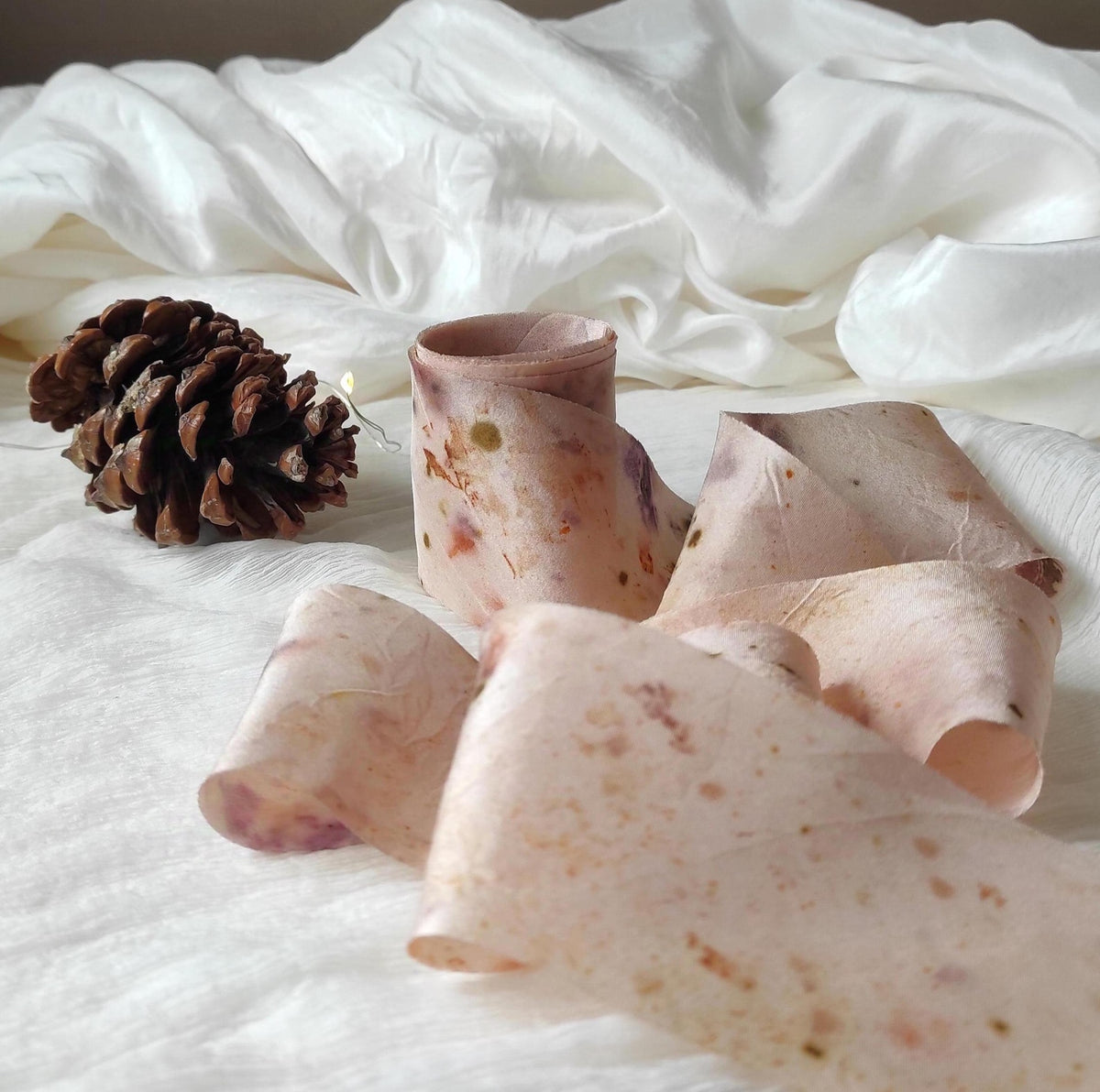 Botanical Dyed Silk Ribbon, Cream Pink Raw Edge Ribbon, Eco-Friendly Decor organic ribbon