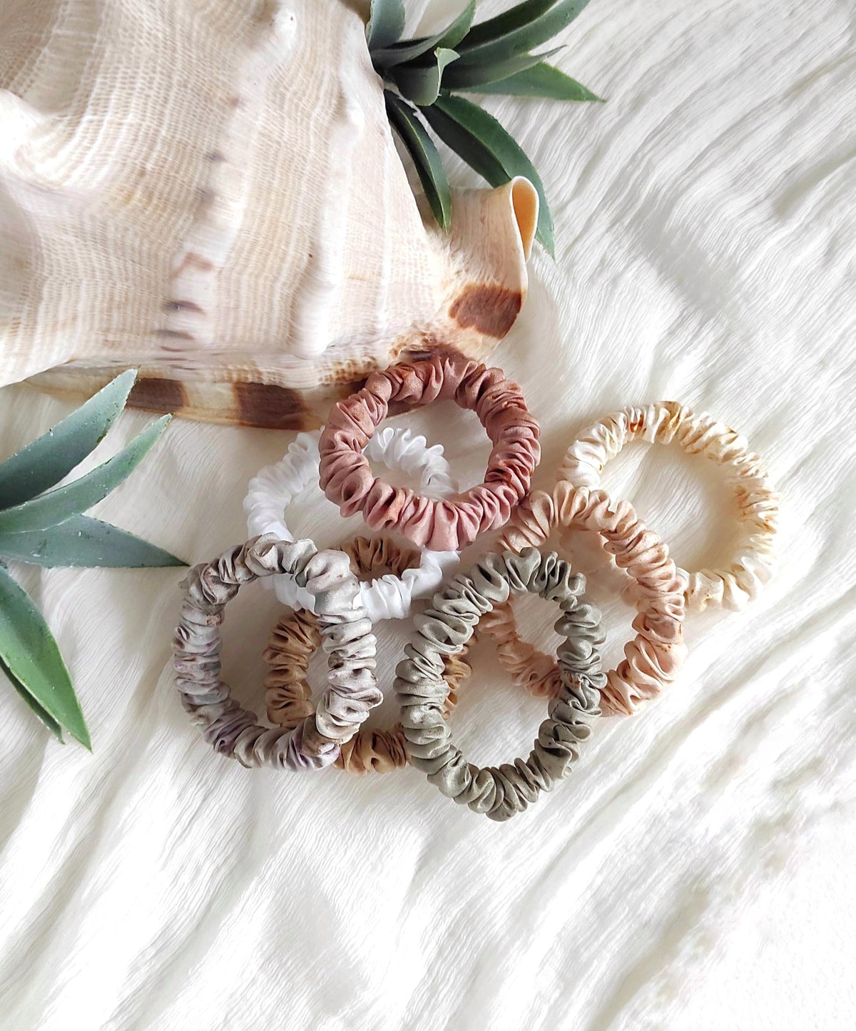 Botanical Dyed Silk Scrunchie, Light Orange Leaf Print Hair Tie