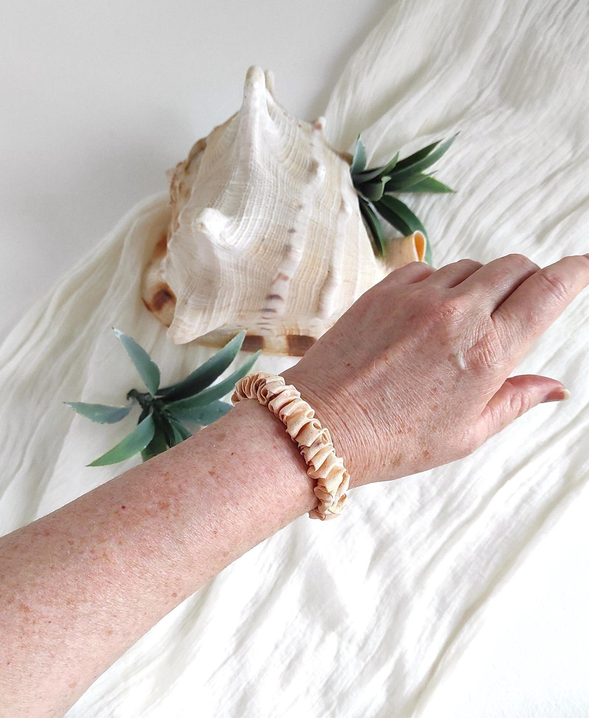 Botanical Dyed Silk Scrunchie, Light Orange Leaf Print Hair Tie