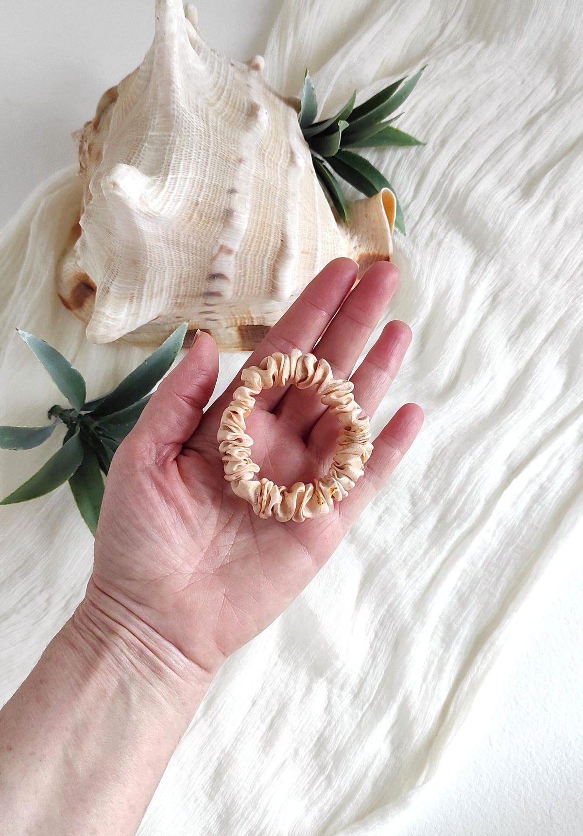 Botanical Dyed Silk Scrunchie, Light Orange Leaf Print Hair Tie