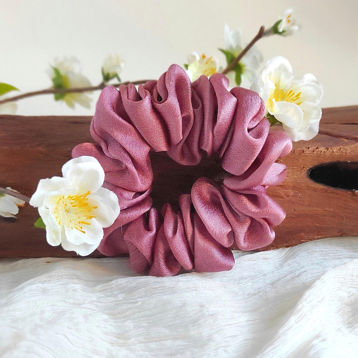 Hand Dyed Mulberry Silk Scrunchie, Medium Mauve Botanical Hair Tie, Gentle Elastic