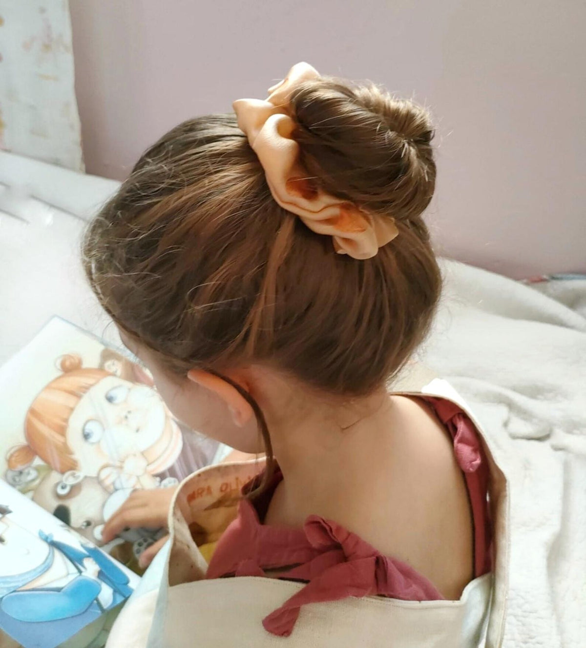 Naturally dyed organic silk scrunchie, Earth tone Very Soft printed for Girls, Botanical dyed sustainable elastic