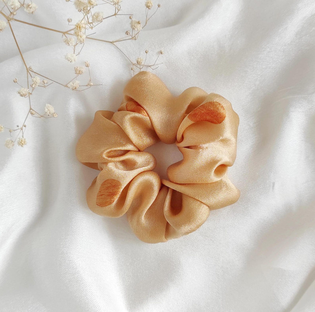 Naturally dyed organic silk scrunchie, Earth tone Very Soft printed for Girls, Botanical dyed sustainable elastic
